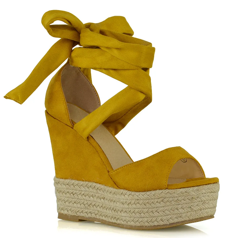 Sansa Strappy Lace up Woven Effect Platform High Heel Sandal Wedges In Gold