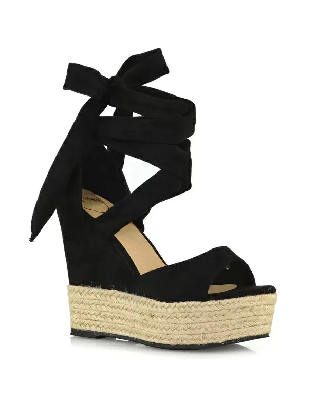 Sansa Strappy Lace up Woven Effect Platform High Heel Sandal Wedges In Gold