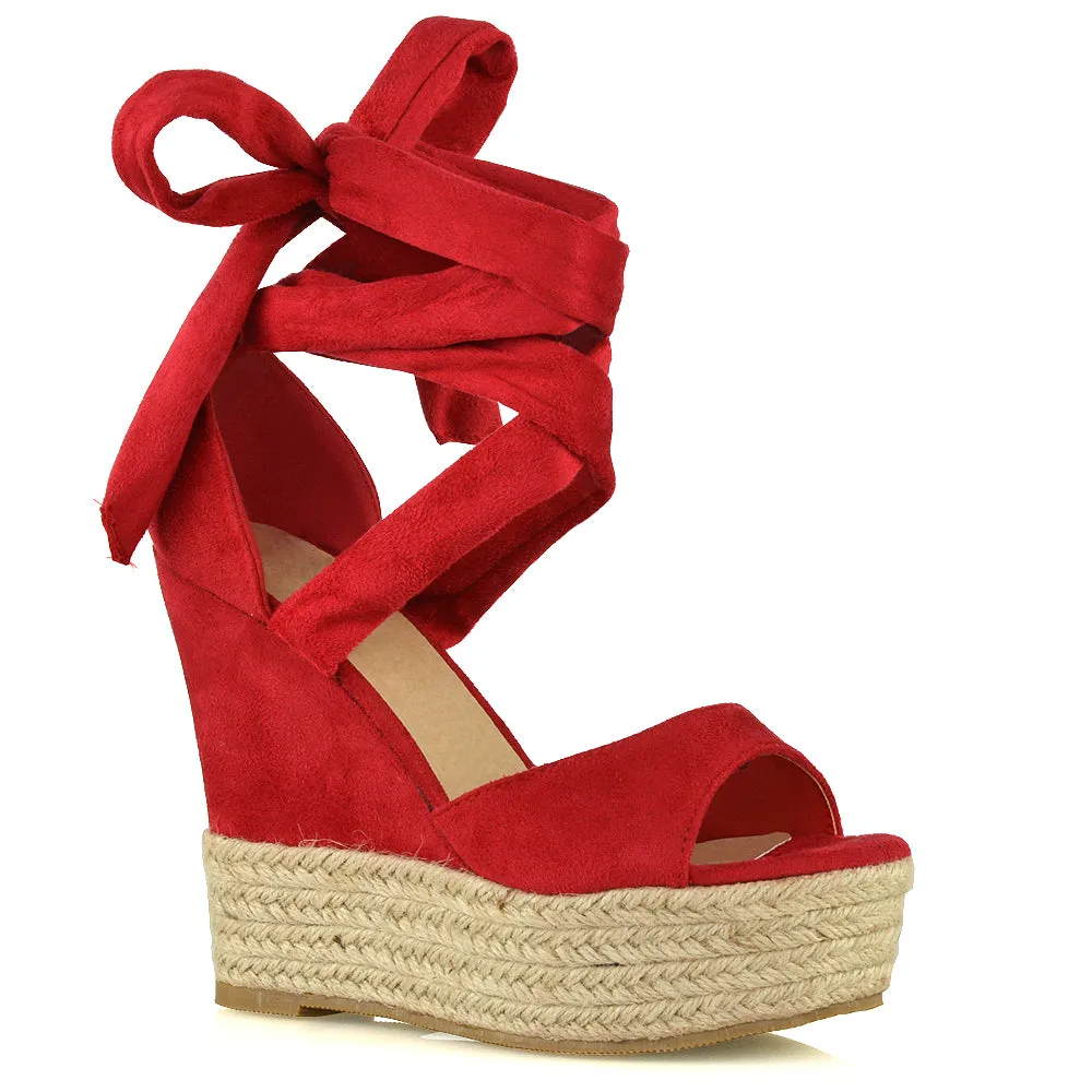 Sansa Strappy Lace up Woven Effect Platform High Heel Sandal Wedges In Gold