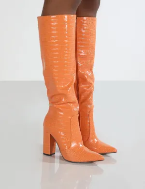 Scarlet Orange Croc Knee High Boots