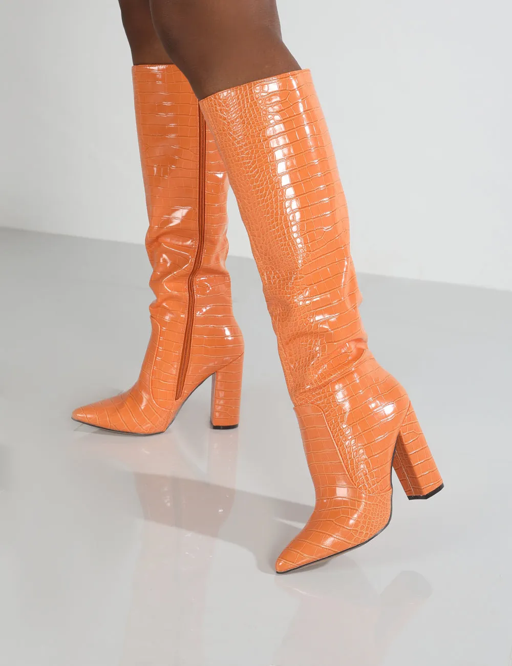 Scarlet Orange Croc Knee High Boots