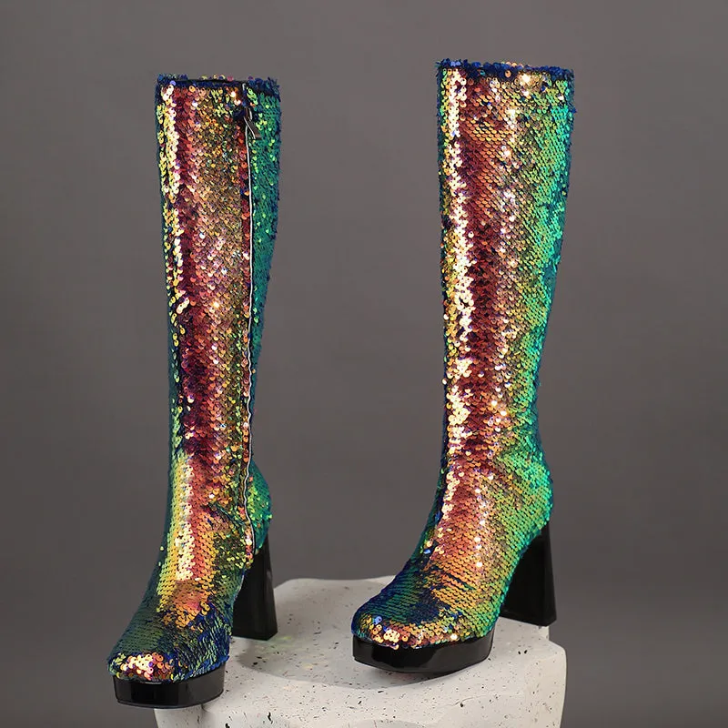 Sequin Gold Boots Knee High