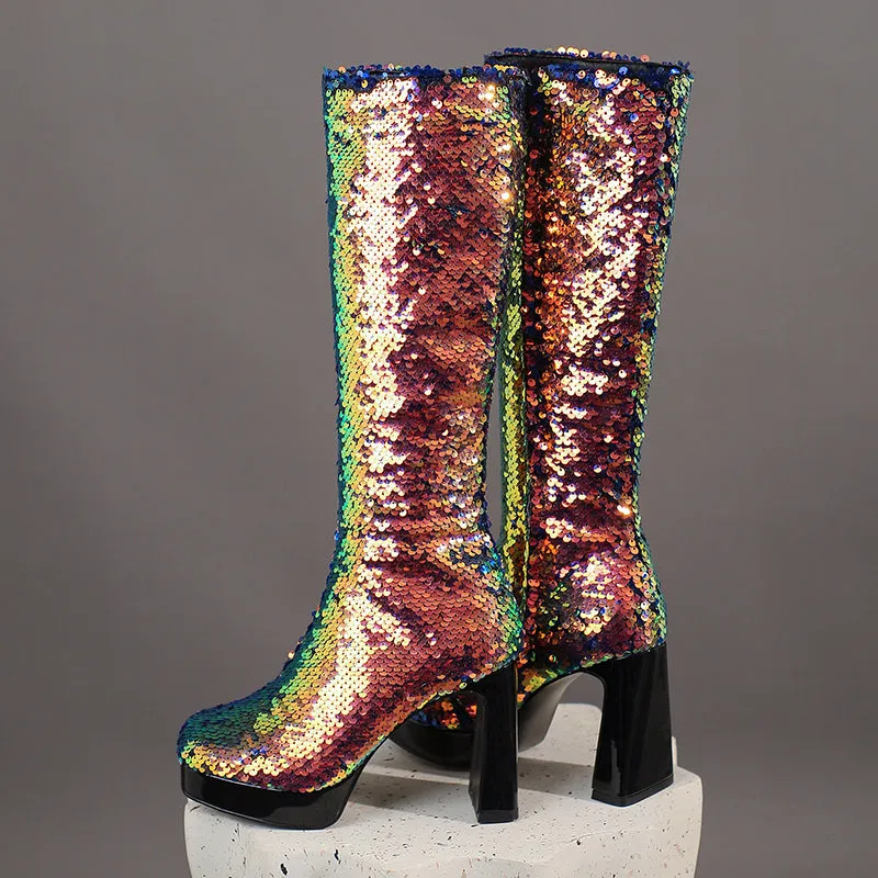 Sequin Gold Boots Knee High