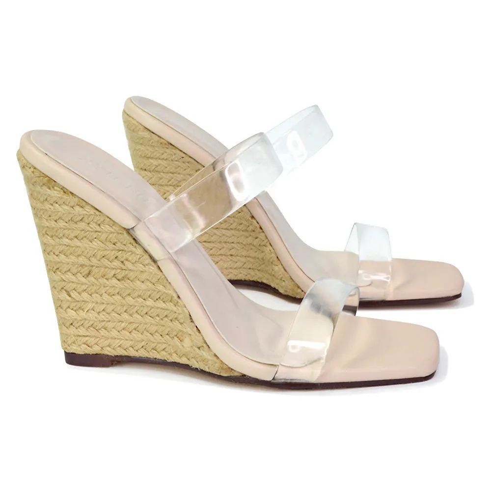 Shea Perspex Strappy Square Toe Espadrilles Wedge High Heel Sandals in Blue