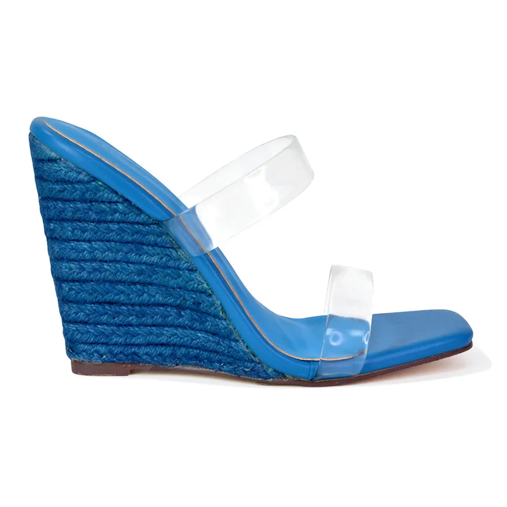 Shea Perspex Strappy Square Toe Espadrilles Wedge High Heel Sandals in Blue