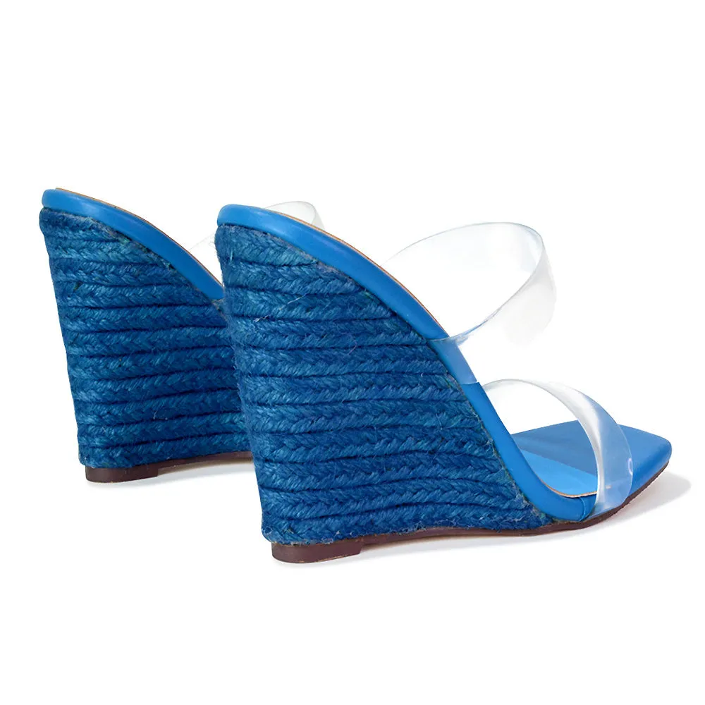 Shea Perspex Strappy Square Toe Espadrilles Wedge High Heel Sandals in Blue