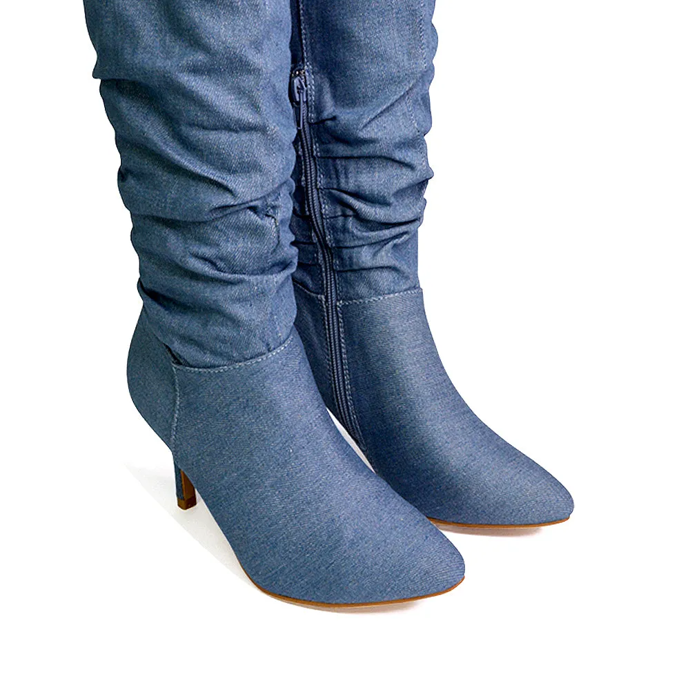 Sian Pointed Toe Knee High Ruched Stiletto High Heeled Boots in Denim