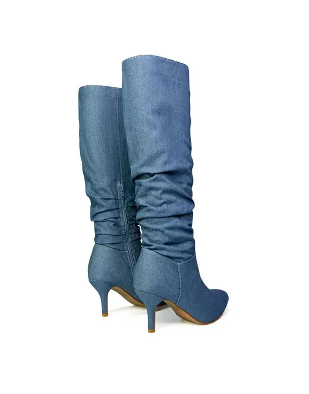 Sian Pointed Toe Knee High Ruched Stiletto High Heeled Boots in Denim