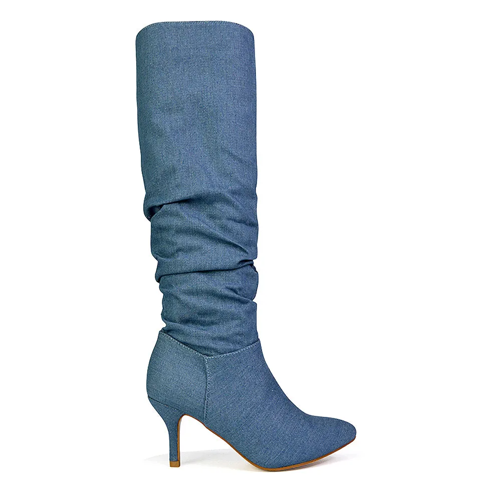 Sian Pointed Toe Knee High Ruched Stiletto High Heeled Boots in Denim