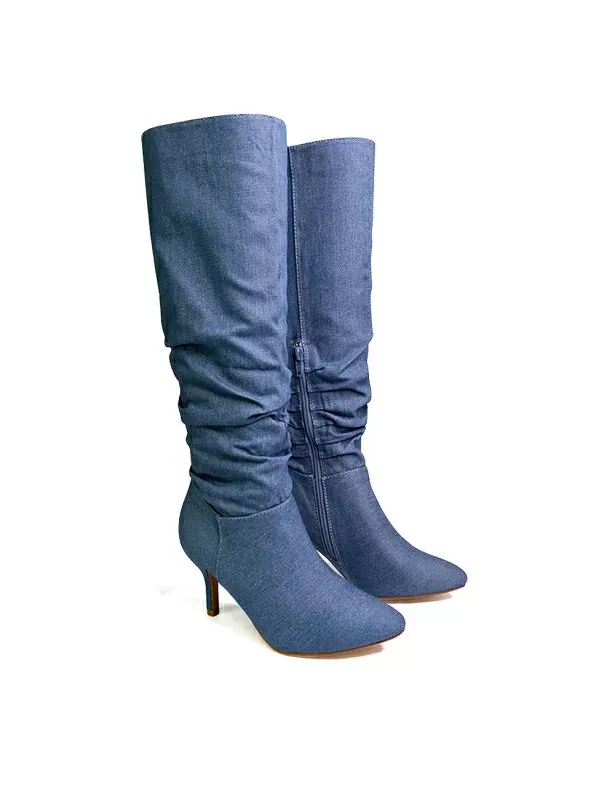 Sian Pointed Toe Knee High Ruched Stiletto High Heeled Boots in Denim