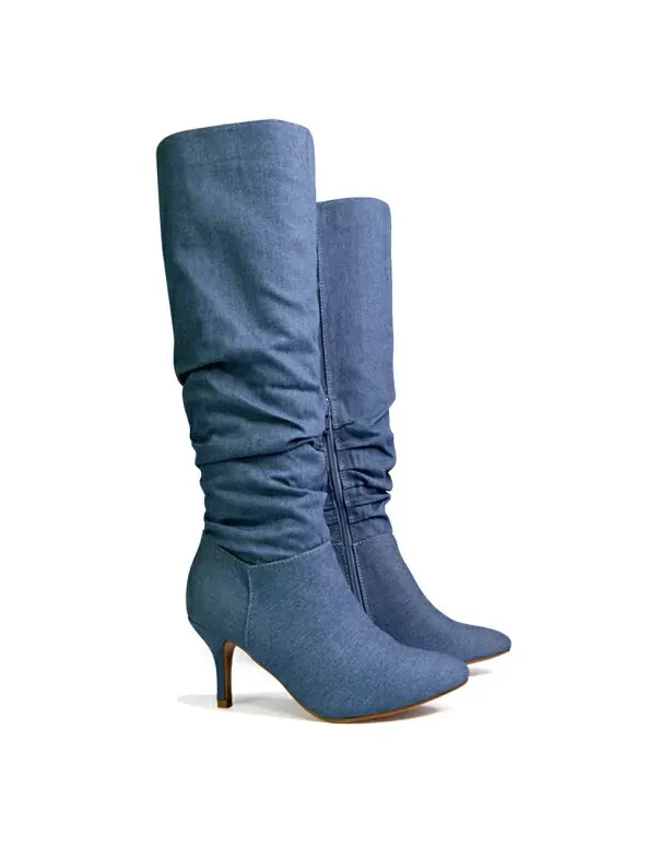 Sian Pointed Toe Knee High Ruched Stiletto High Heeled Boots in Denim