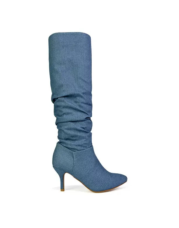 Sian Pointed Toe Knee High Ruched Stiletto High Heeled Boots in Denim