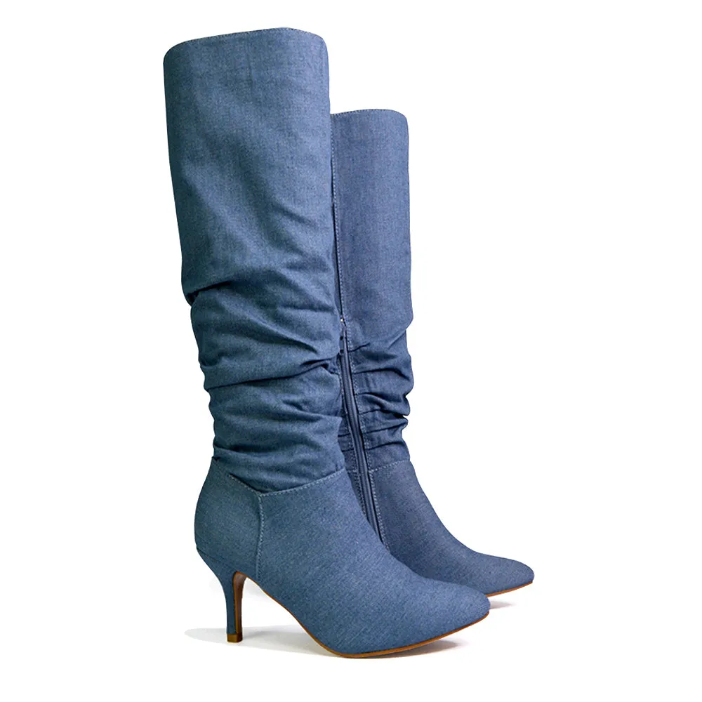 Sian Pointed Toe Knee High Ruched Stiletto High Heeled Boots in Denim