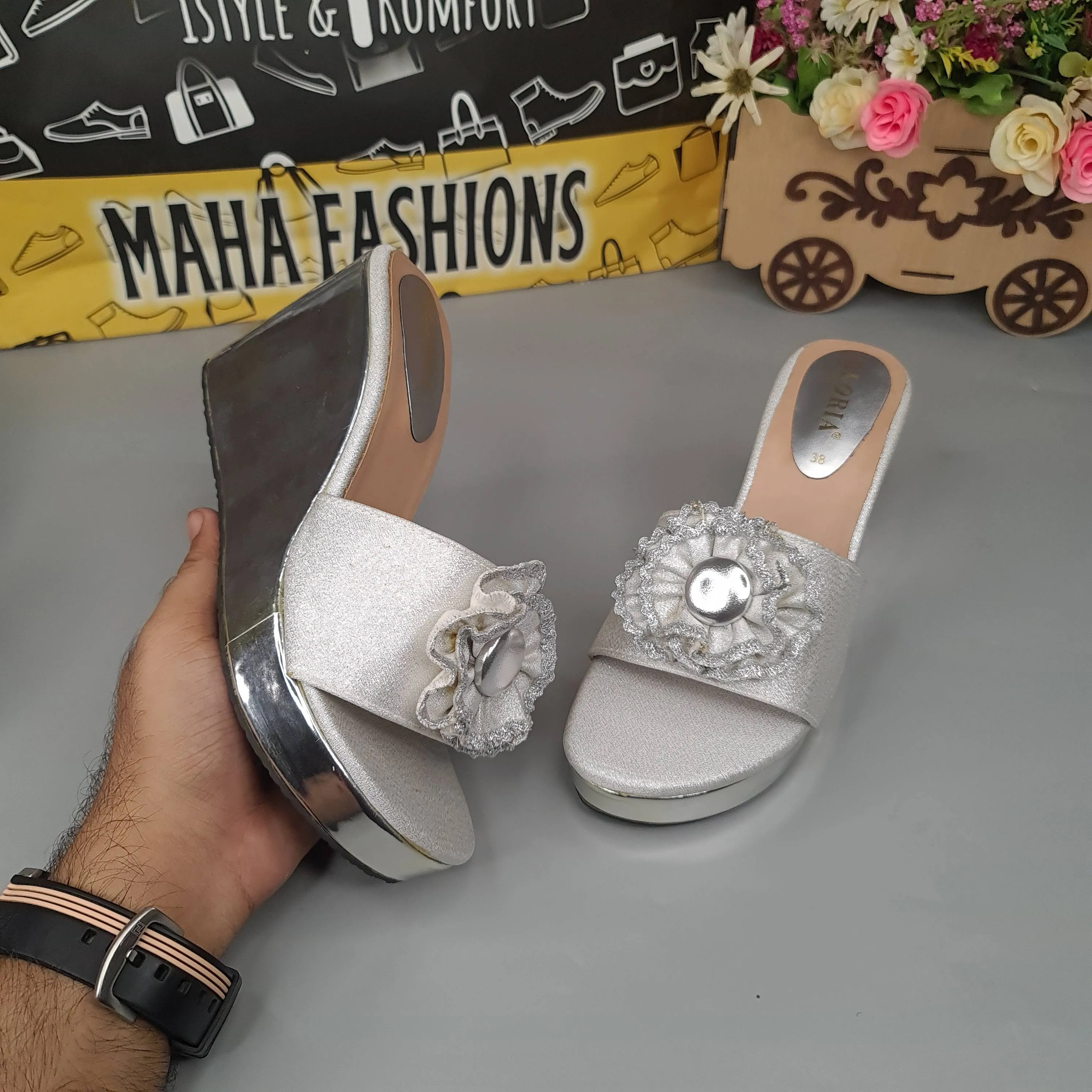 Silver Wedge Slippers