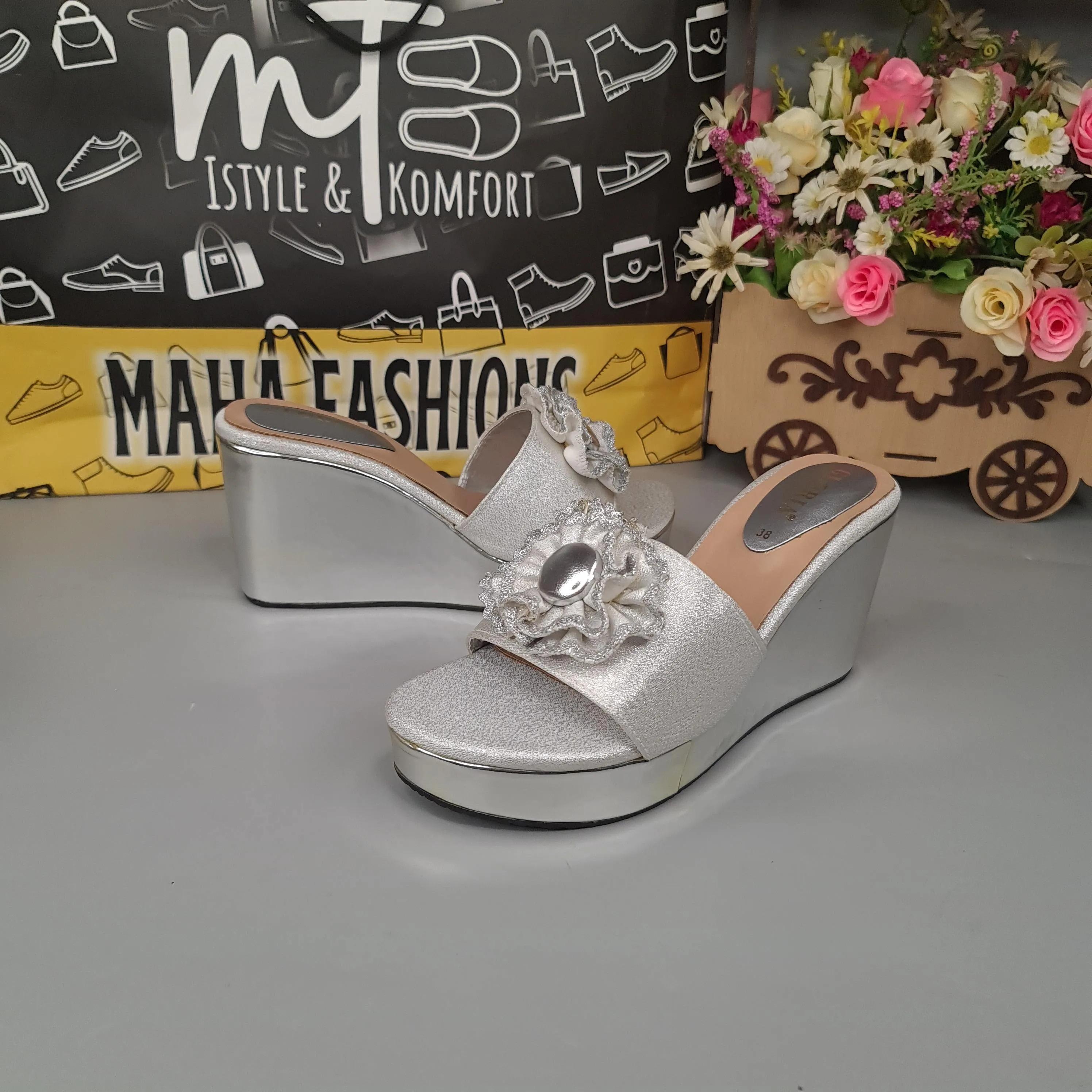 Silver Wedge Slippers