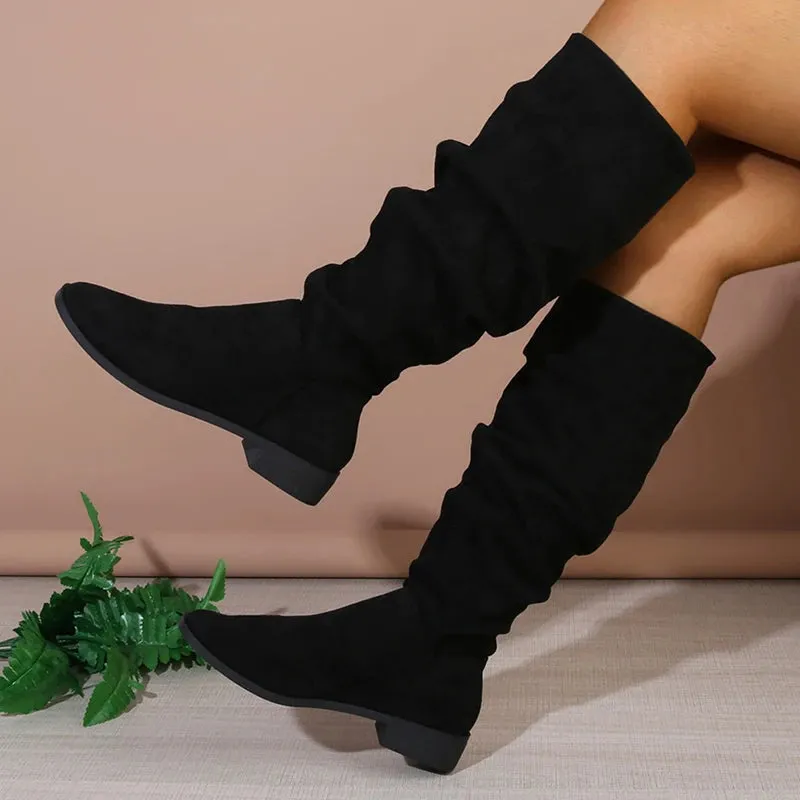 Sohiwoo Plus Size Knee High Boots Women Autumn Pleated Low Heels Long Women Boots Slip On Faux Suede Western Botas Mujer