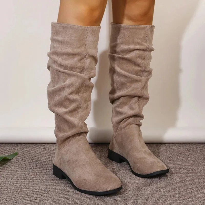 Sohiwoo Plus Size Knee High Boots Women Autumn Pleated Low Heels Long Women Boots Slip On Faux Suede Western Botas Mujer