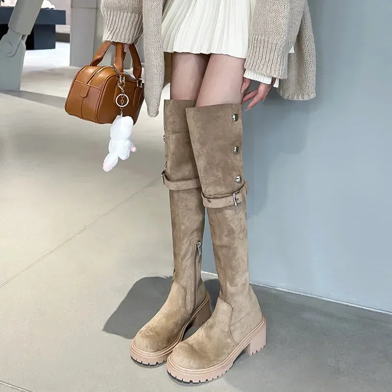 Sohiwoo Vintage Women Over The Knee High Boots Fashion Back Zippers Shoes Autumn Winter Thick Heel Women's Long Booties