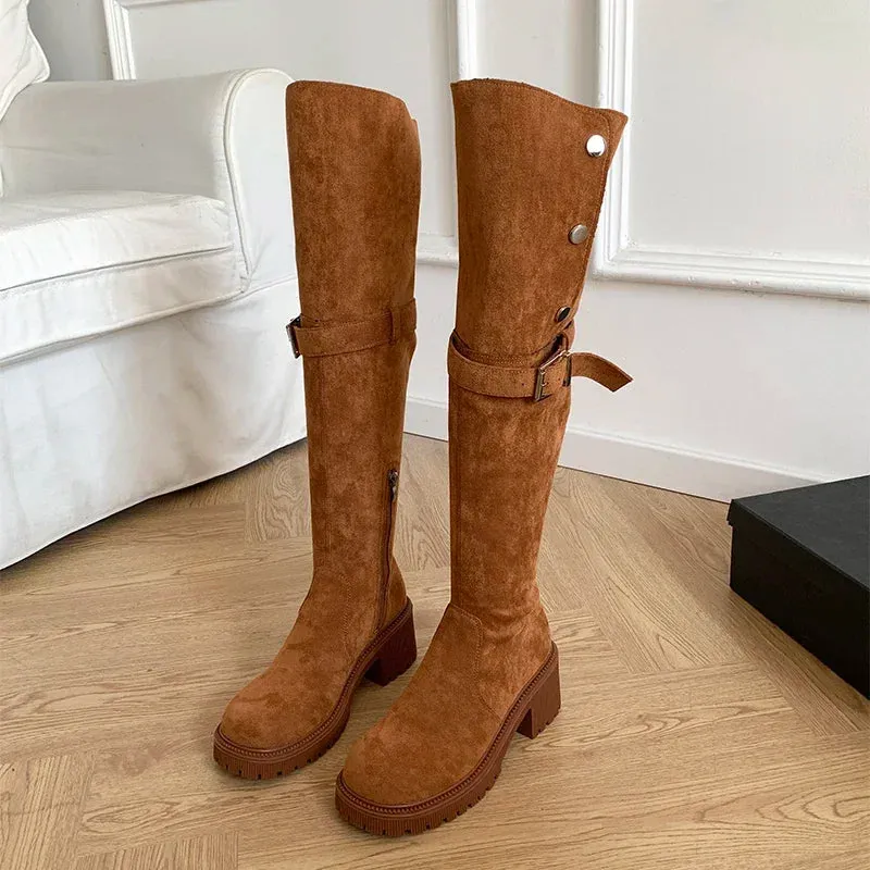 Sohiwoo Vintage Women Over The Knee High Boots Fashion Back Zippers Shoes Autumn Winter Thick Heel Women's Long Booties