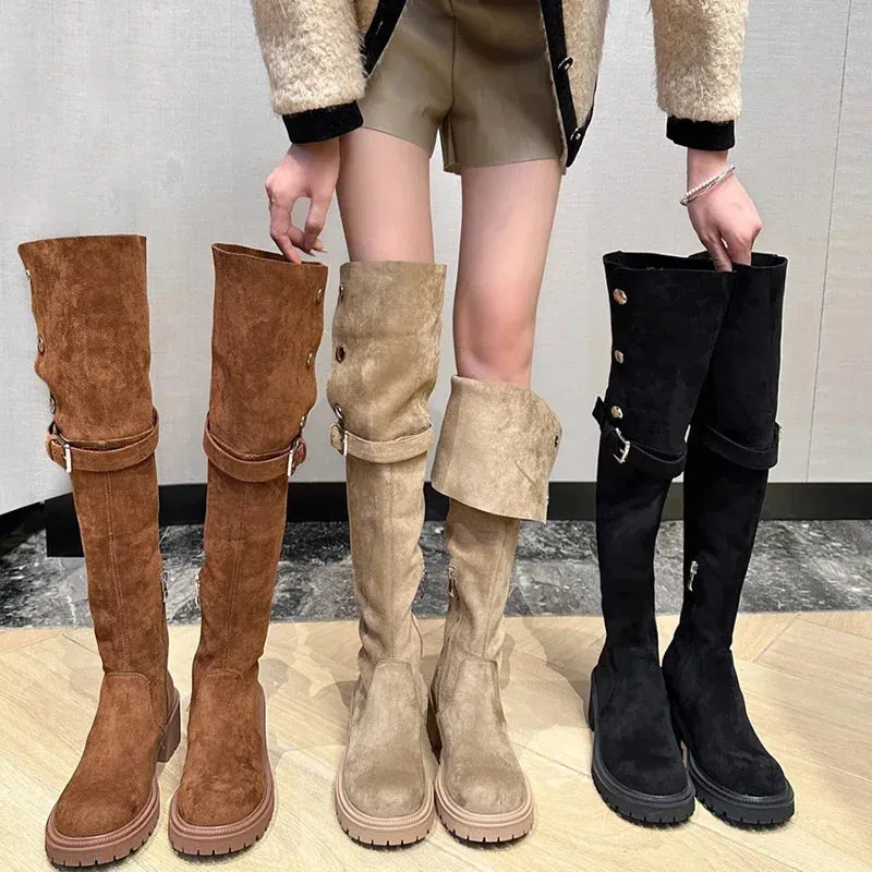 Sohiwoo Vintage Women Over The Knee High Boots Fashion Back Zippers Shoes Autumn Winter Thick Heel Women's Long Booties