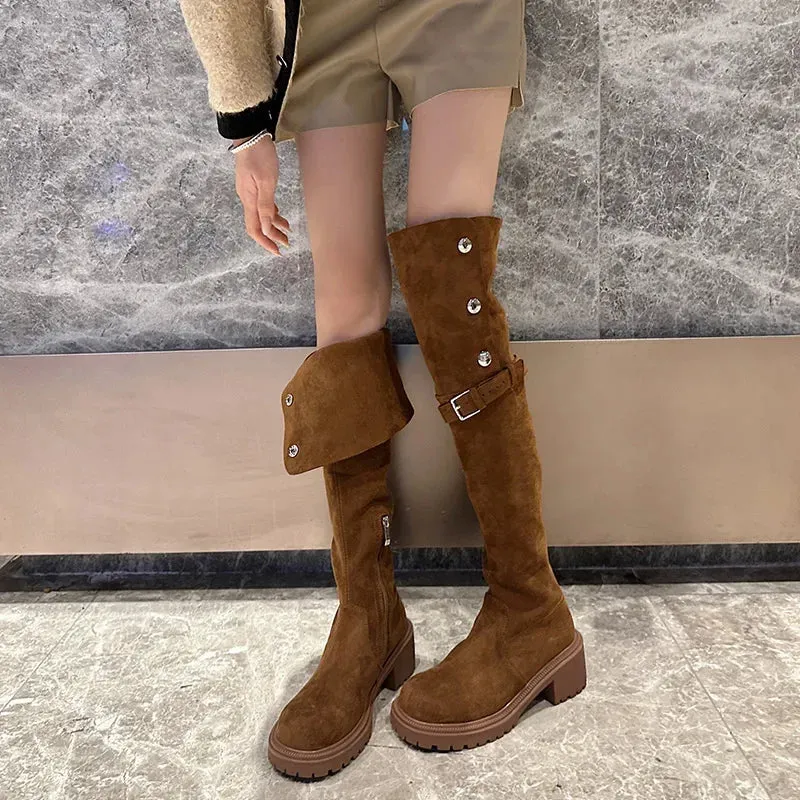 Sohiwoo Vintage Women Over The Knee High Boots Fashion Back Zippers Shoes Autumn Winter Thick Heel Women's Long Booties