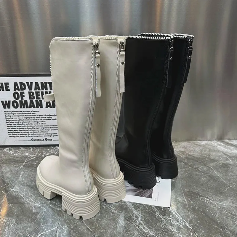 Sohiwoo Women Knee-High Boots Fashion Elegant Zippers Shoes Autumn Winter Platform Heel Women's Knight Long Booties