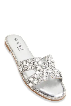 Studded Rhinestone Cut Out Band Slide Sandals