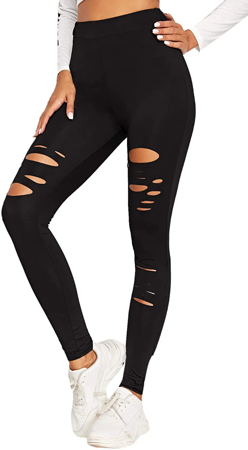 SweatyRocks Women's Legging Mesh Insert Ripped Tights Yoga Slim Pants