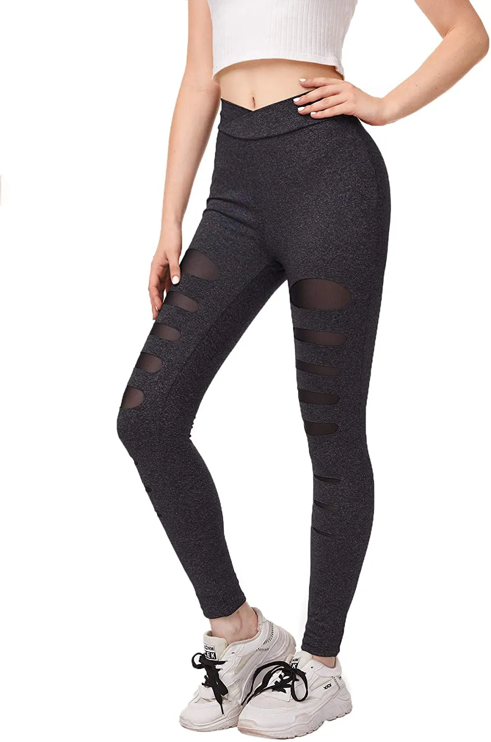 SweatyRocks Women's Legging Mesh Insert Ripped Tights Yoga Slim Pants