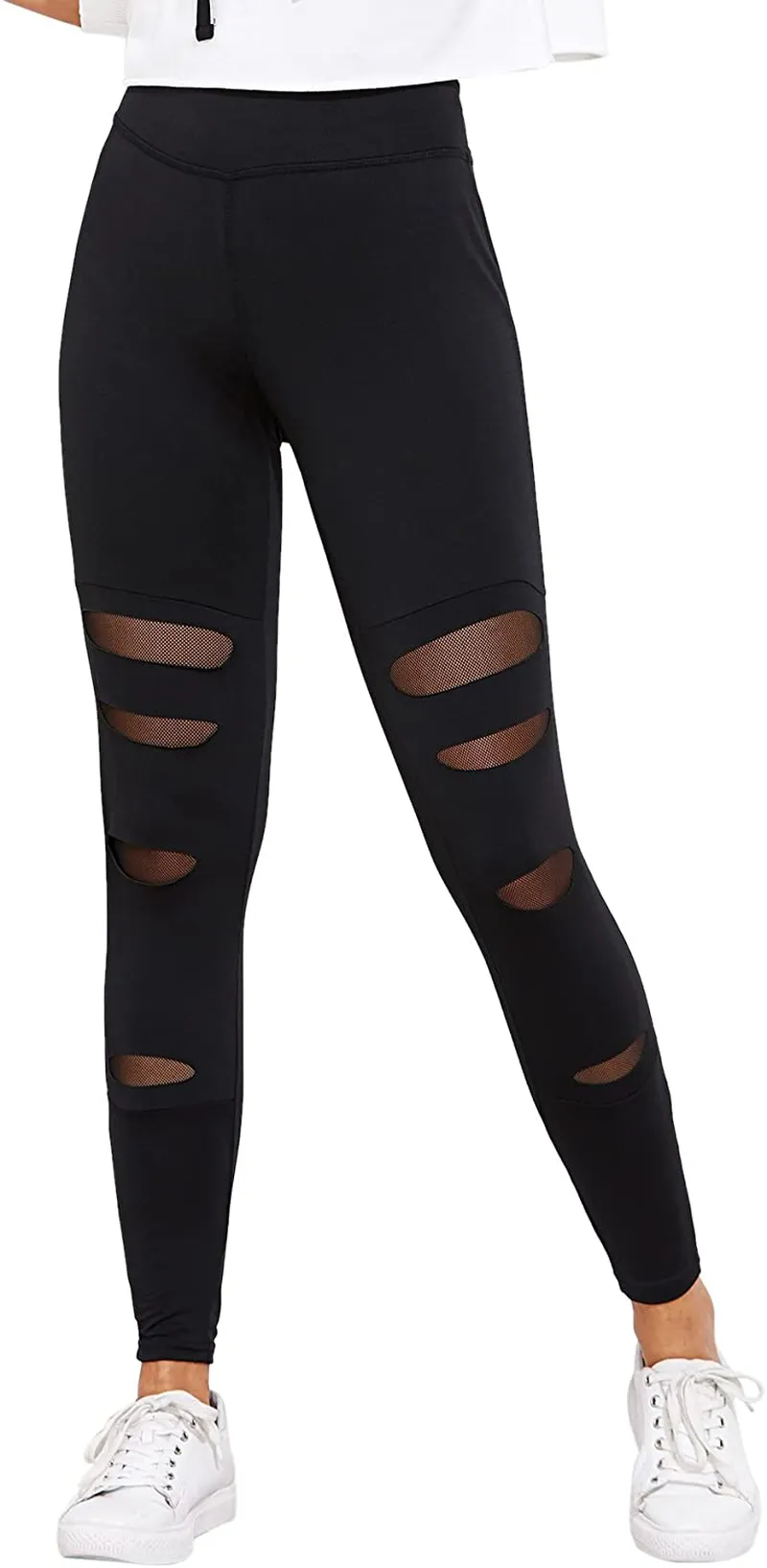 SweatyRocks Women's Legging Mesh Insert Ripped Tights Yoga Slim Pants