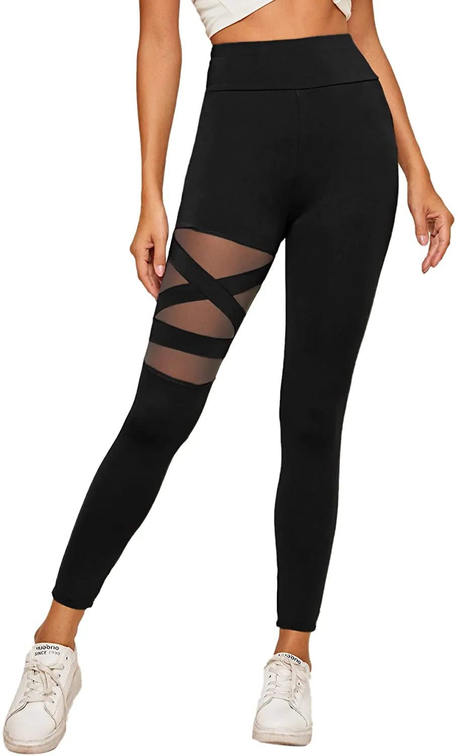 SweatyRocks Women's Legging Mesh Insert Ripped Tights Yoga Slim Pants