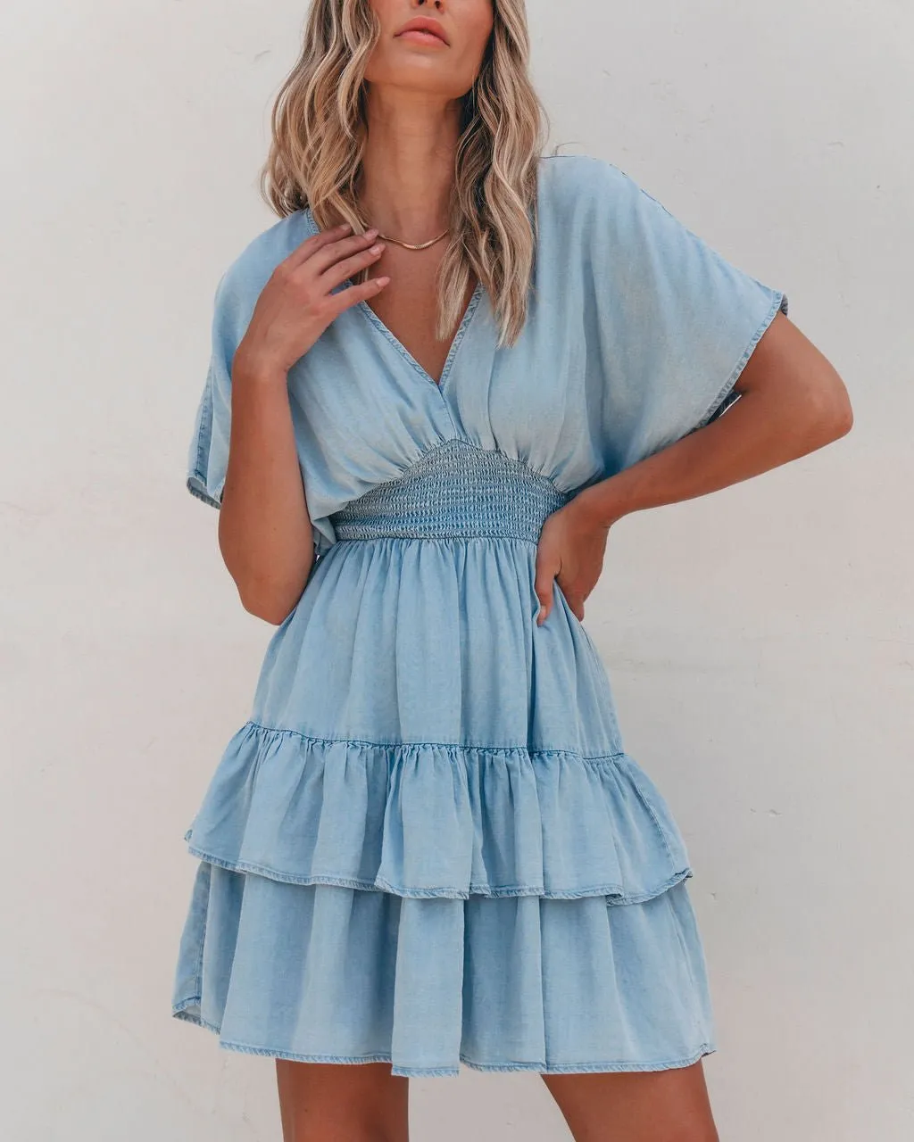 Sylvie Smock Tiered Mini Dress - Chambray - FINAL SALE