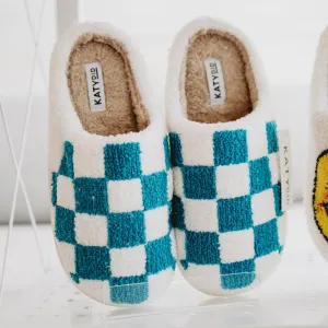 Teal Checkered Pattern Wholesale Slippers