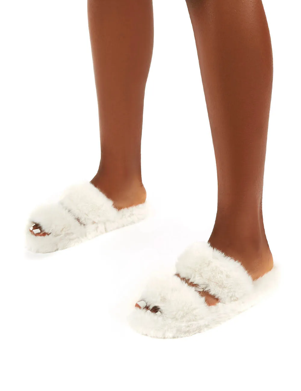 Teddi White Fluffy Double Strap Slider Faux Fur Slipper