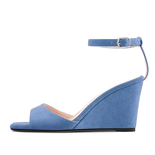 TNYNFBEB Women High Wedge Heel Peep Open Toe Sandals Ankle Strap Buckle Office Party Cute Classic 3.9 Inches Heels Blue