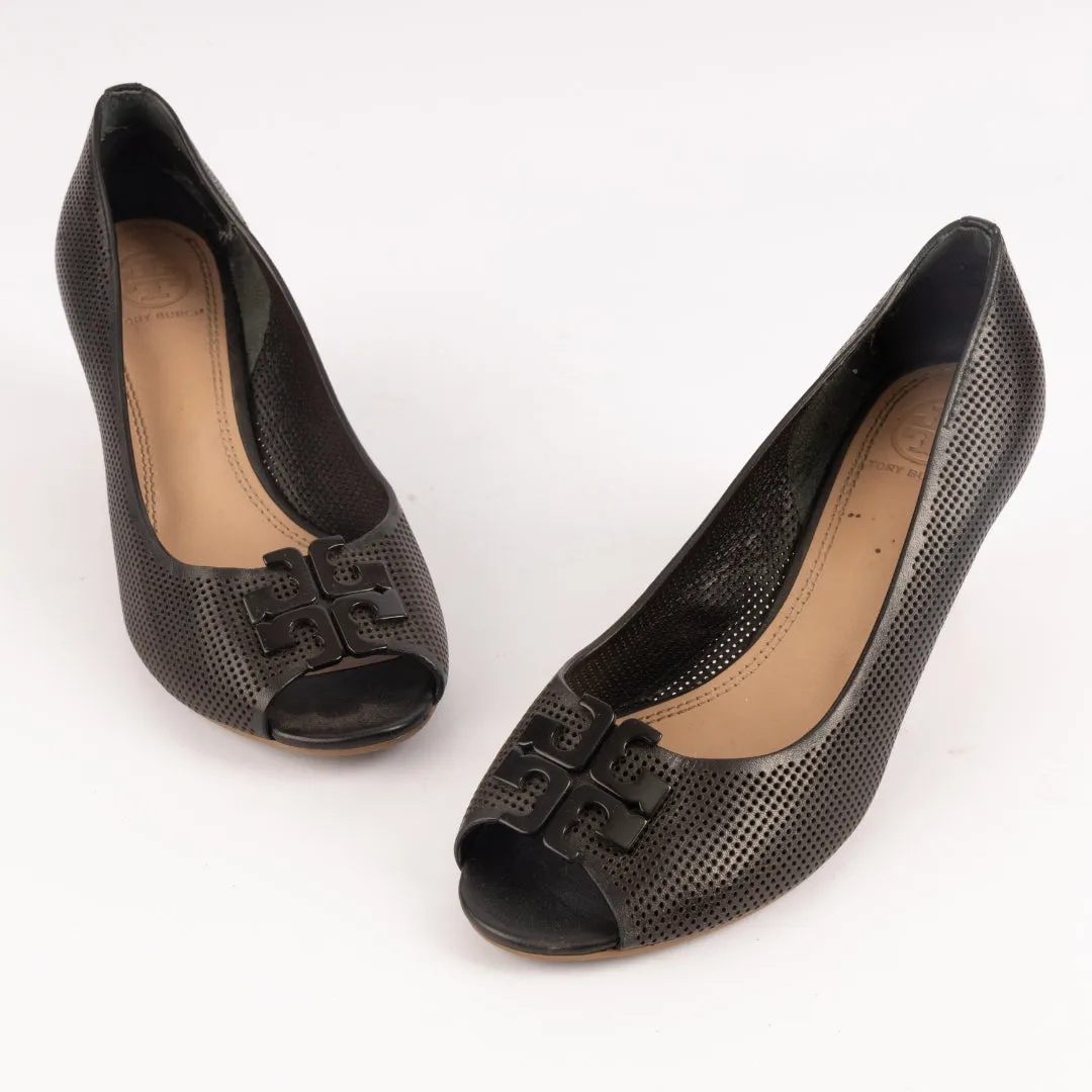 Tory Burch Black Leather Lowell Wedge Pumps