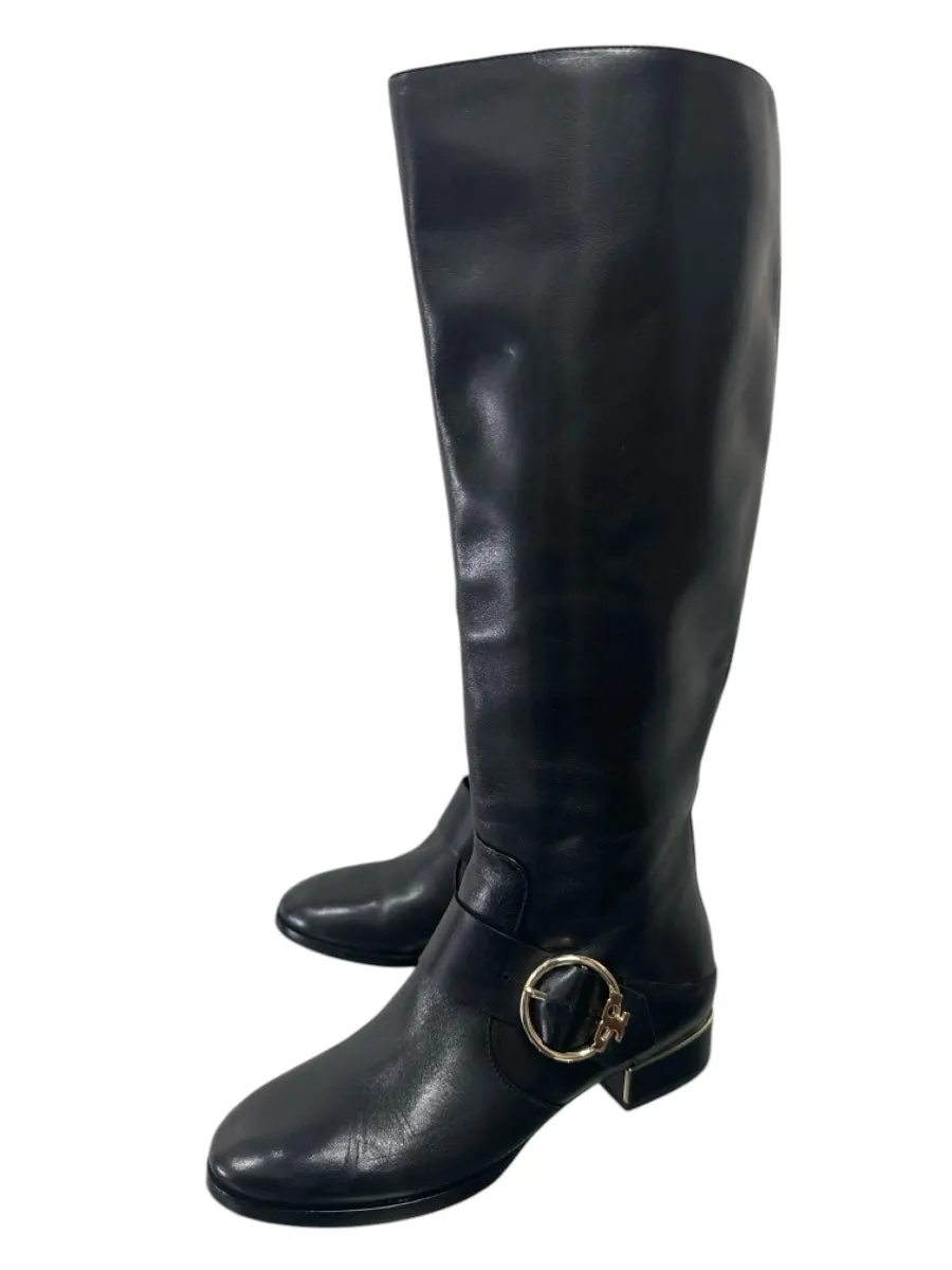 Tory Burch Shoe Size 6.5 Black Leather Flat Gold Hardware Knee High Boots