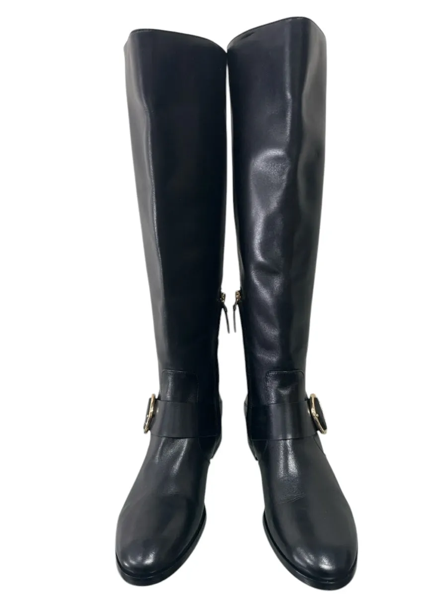 Tory Burch Shoe Size 6.5 Black Leather Flat Gold Hardware Knee High Boots