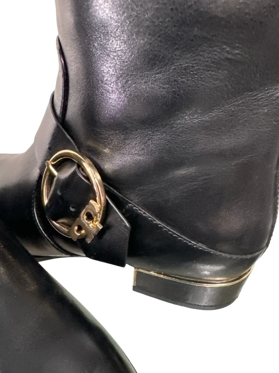 Tory Burch Shoe Size 6.5 Black Leather Flat Gold Hardware Knee High Boots