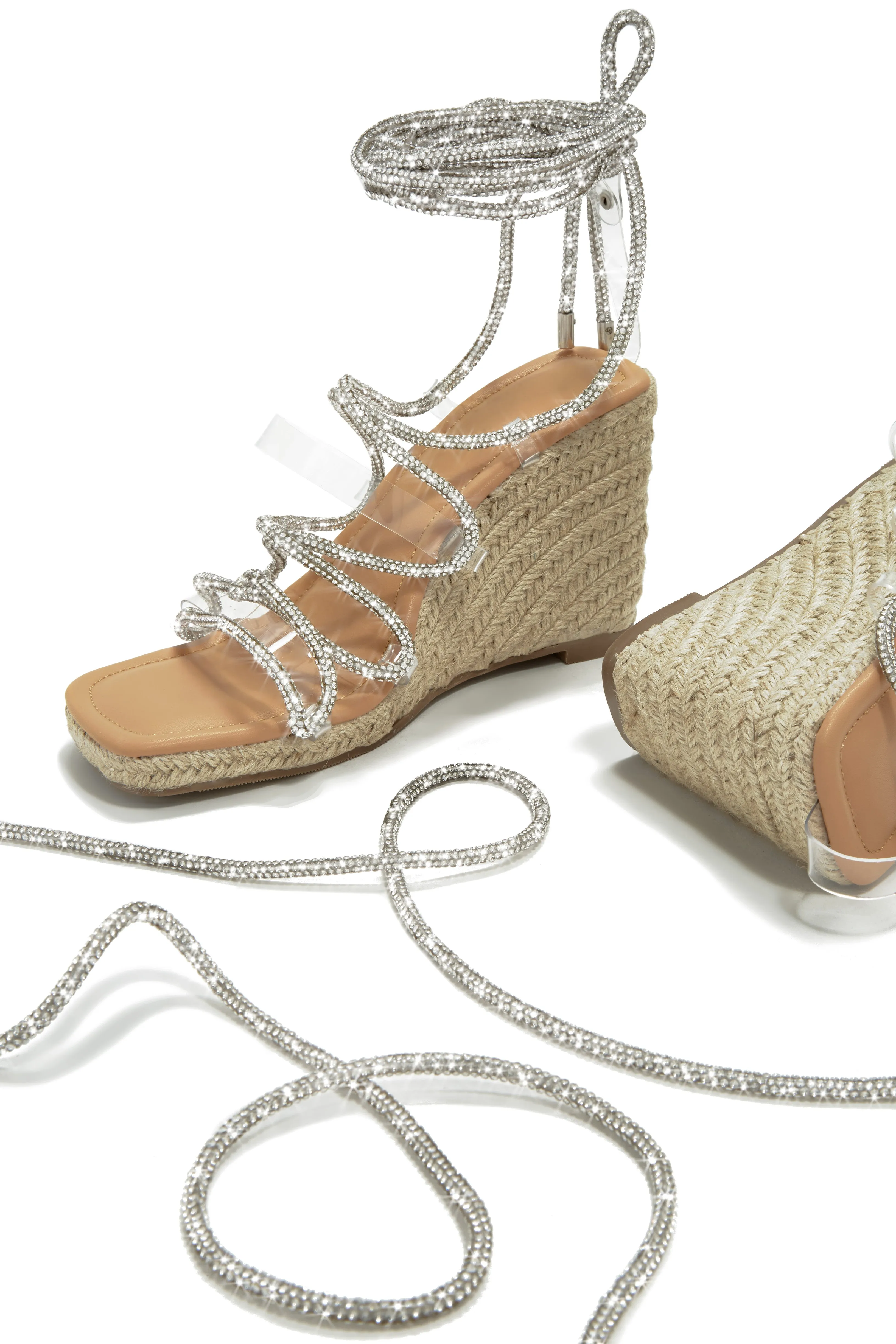 Tulum Oasis Embellished Lace Up Espadrille Wedges - Nude