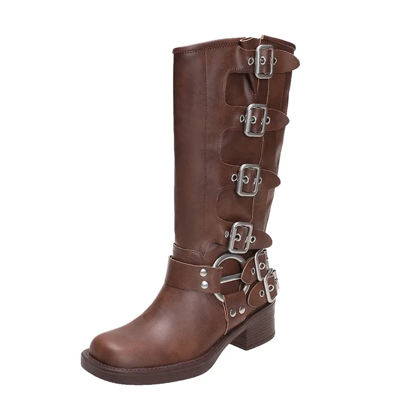 Wjczt New Winter Denim Boots Women's Retro Brown Belt Buckle Round Head High Boots  Boots Knee Length Boots