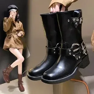 Wjczt New Winter Denim Boots Women's Retro Brown Belt Buckle Round Head High Boots  Boots Knee Length Boots