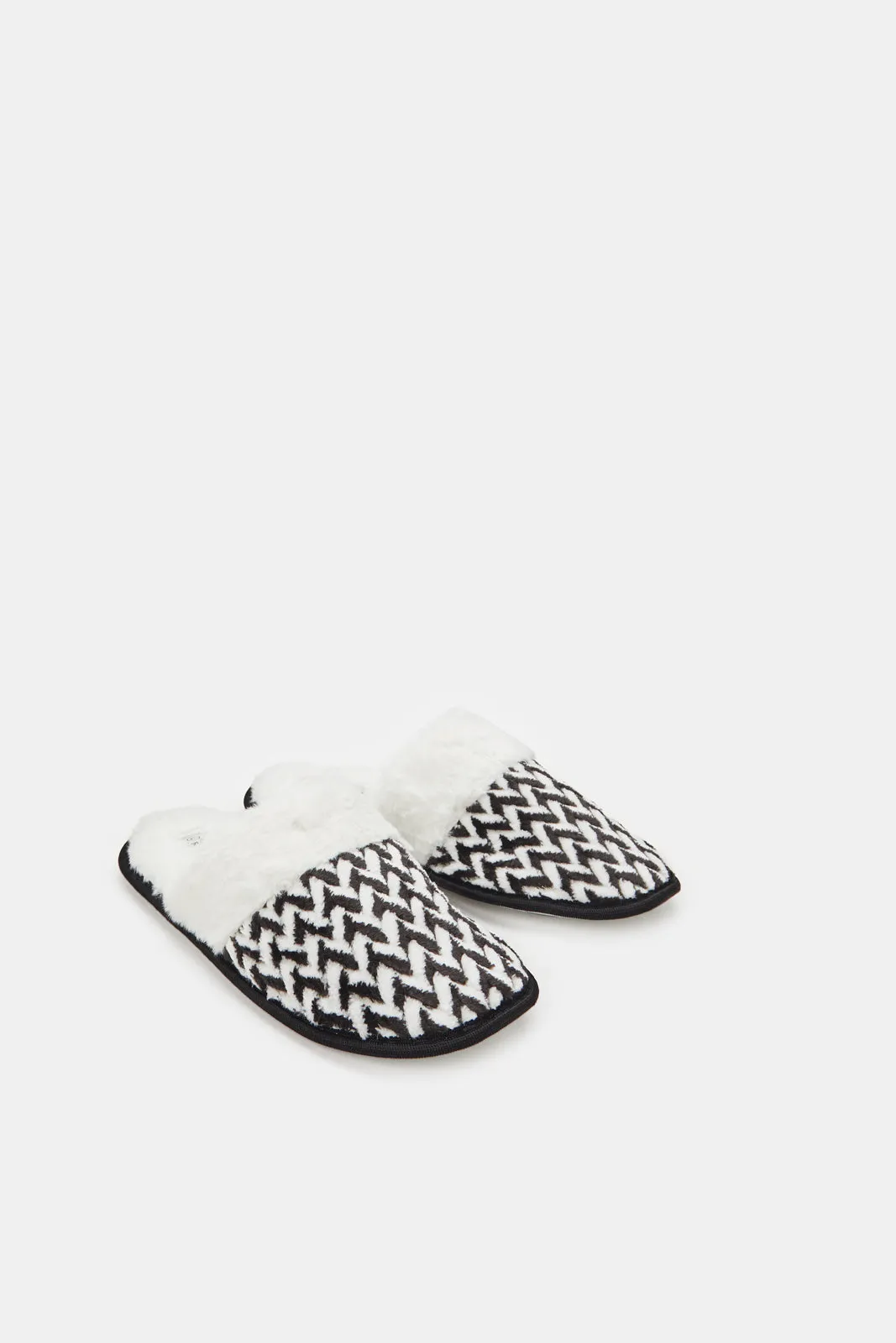 Women Black And White Chenille Slippers