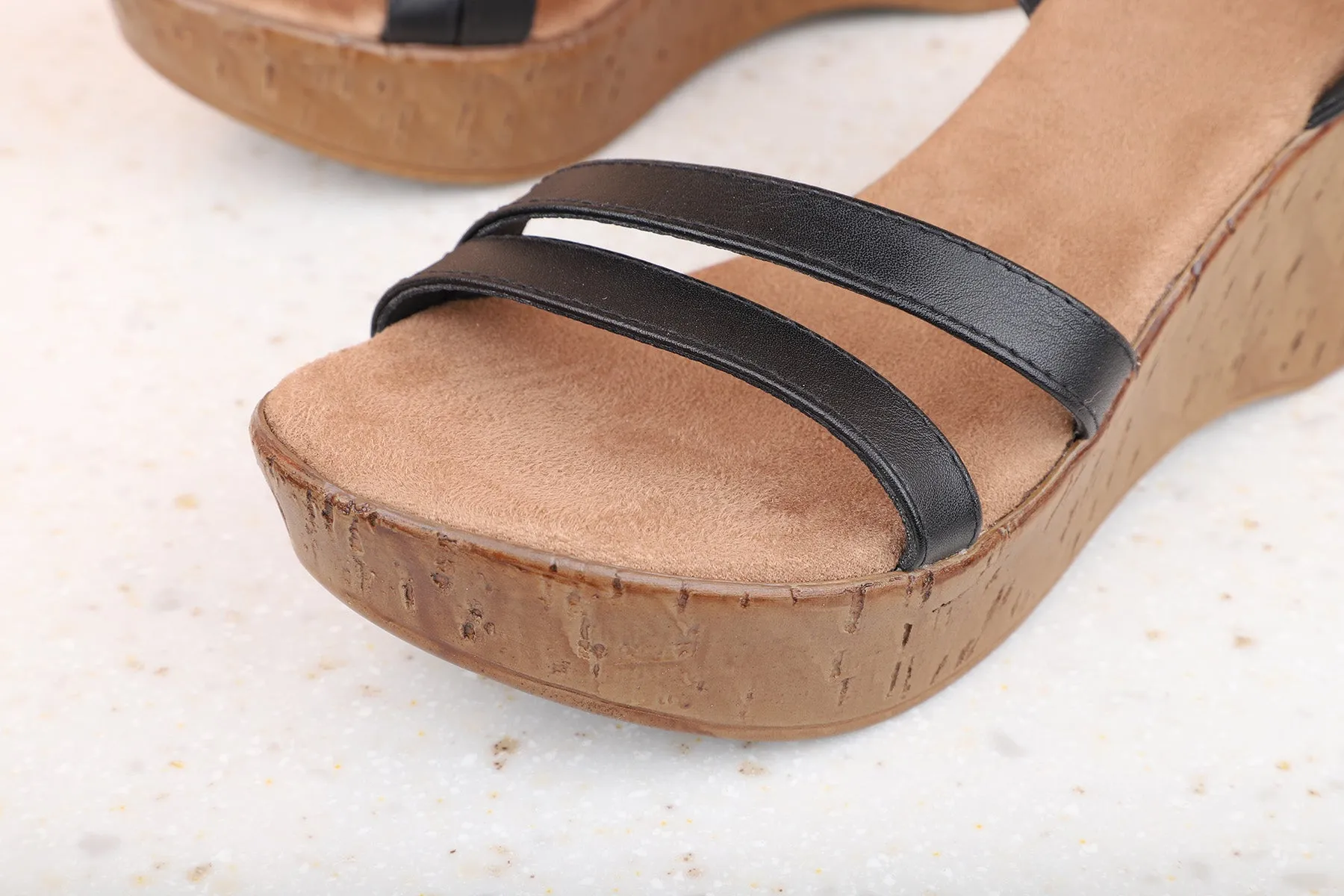 Women Black Striped Wedge Heels