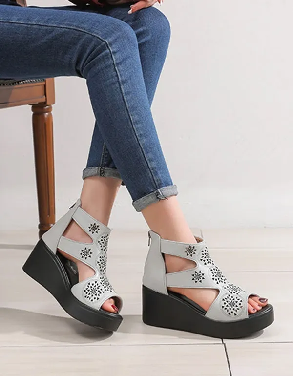 Women Handmade Retro Cut-out Wedge Ankle Sandals