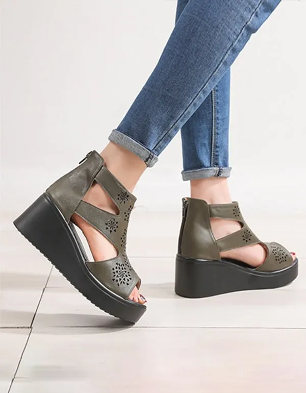 Women Handmade Retro Cut-out Wedge Ankle Sandals