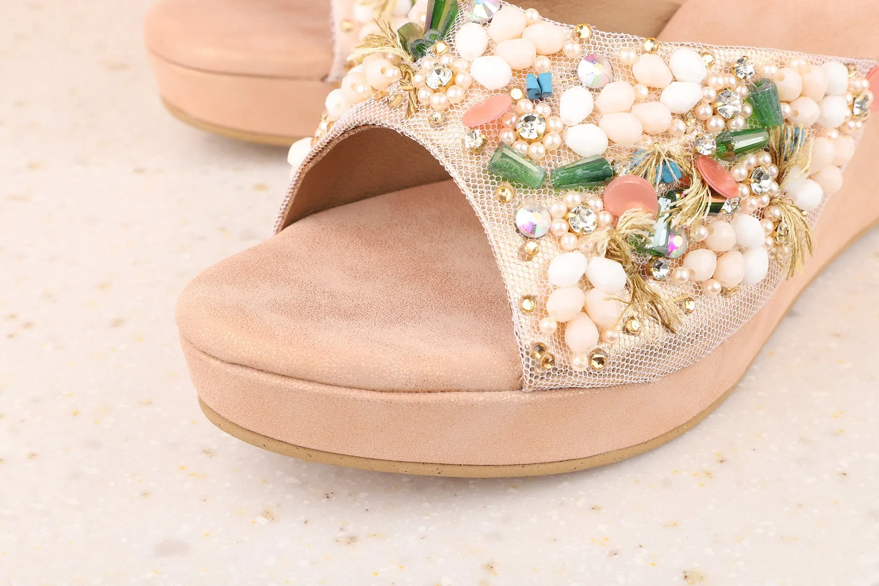 Women Rose Gold Embellished Ethnic Wedge Peep Toes Heels