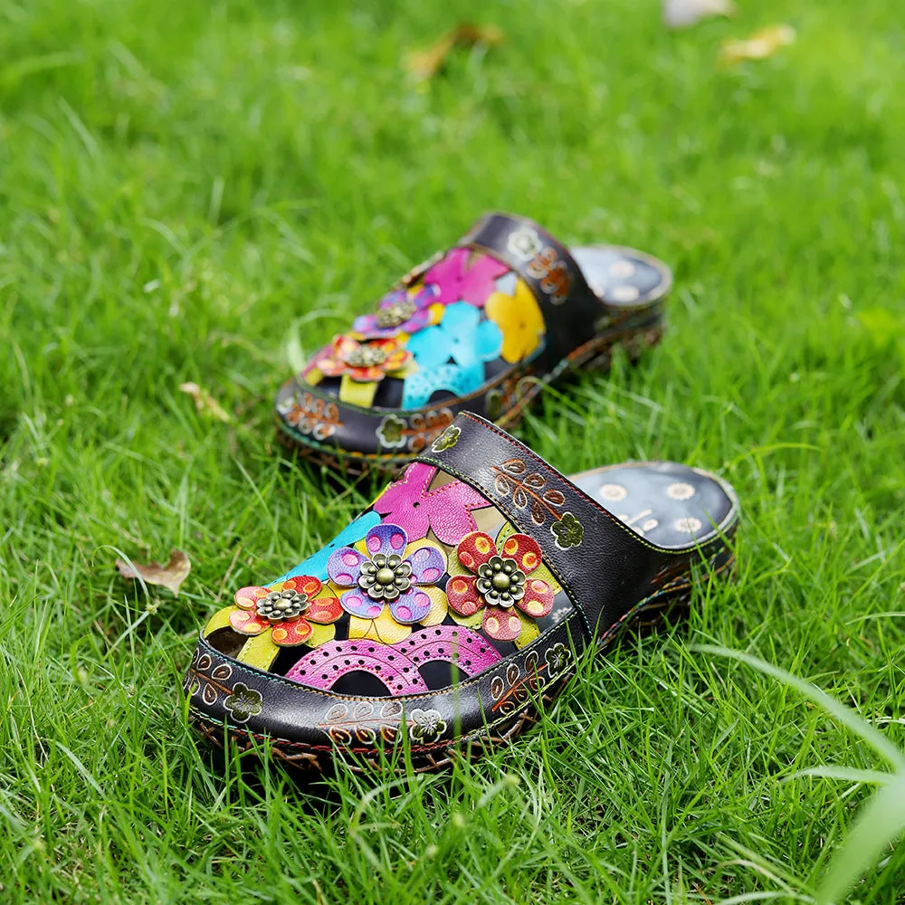 Womens Handmade Tropical Cut-out Leather Sandal Slippers