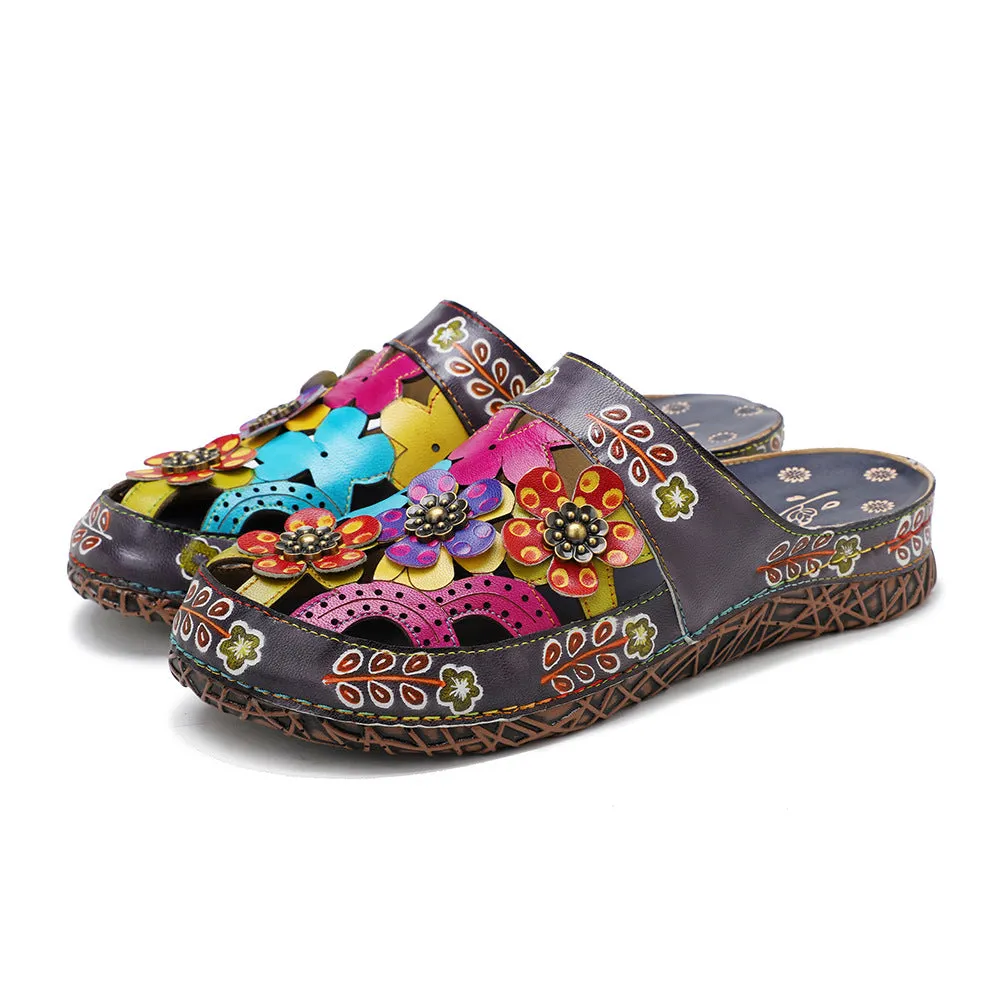 Womens Handmade Tropical Cut-out Leather Sandal Slippers