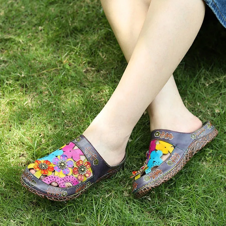 Womens Handmade Tropical Cut-out Leather Sandal Slippers